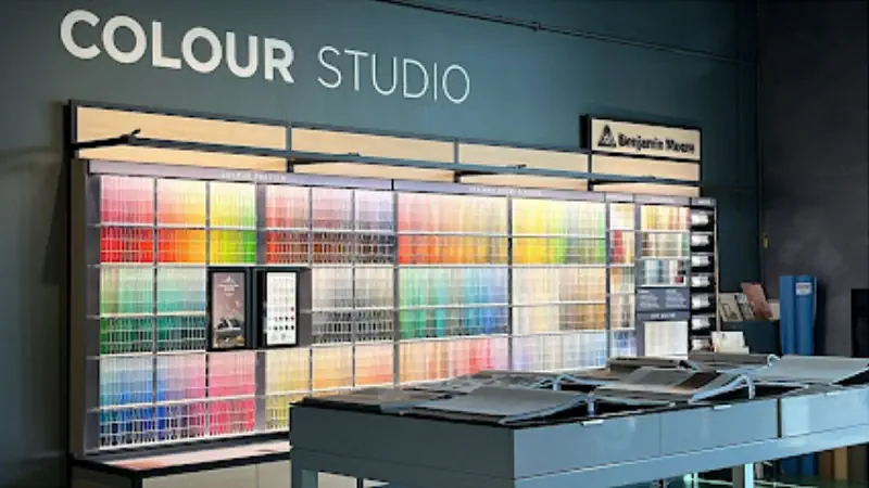 Benjamin Moore colour samples and paint display wall